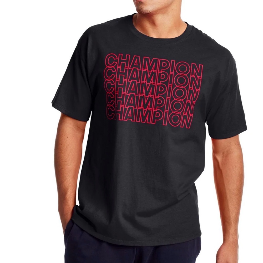 Champion Men's Black Tee with Red Logo large